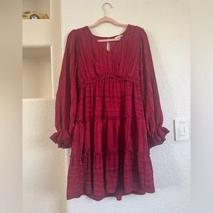 Raspberry colored pleated swing dress